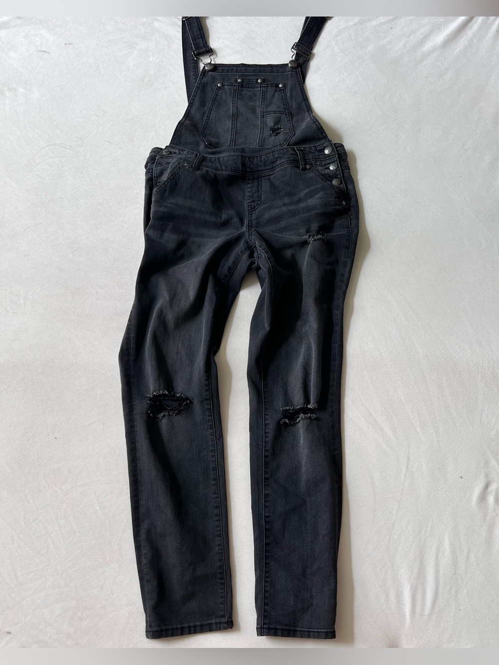 Blue Spice Black Distressed Denim Overalls with elaborate decorative buttons